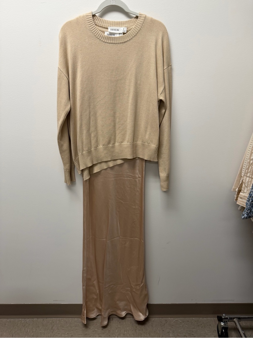 Sovere Neutral Beige Satin Maxi Dress Set